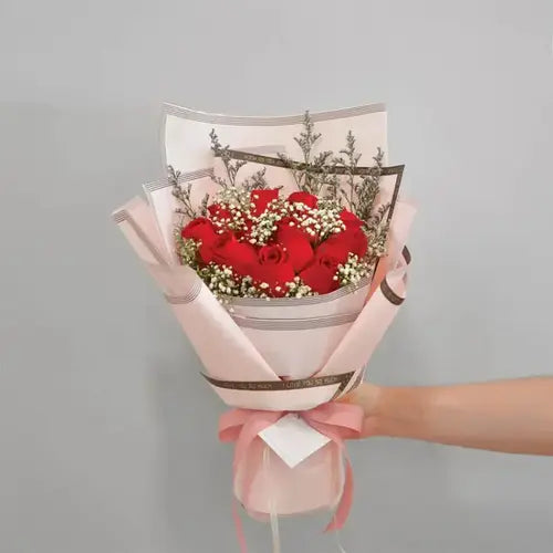 Playful Love – 11 Red Roses Bouquet with Gypsophila and Limonium