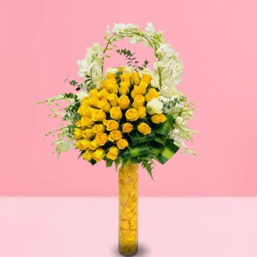 Premium Sunshine Day Flower Bouquet with White and Yellow Roses