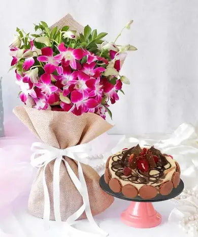 Send a luxurious gift! Purple orchids & marble cake, delivered fresh across UAE.