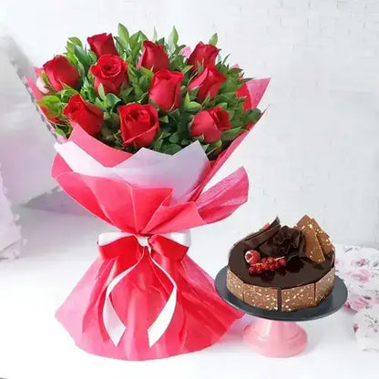 Elegant red roses bouquet and fudge cake gift combo for delivery in Dubai