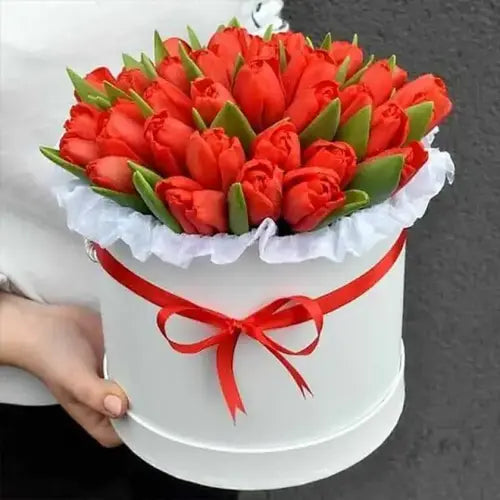 Red Tulip Bouquet in White Box with Red Ribbon