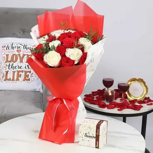 Red and White Roses with Sweecho Chocolates 250g Gift Combo