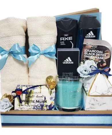 Pamper him with a spa gift basket of bath products, chocolate & flowers in Dubai