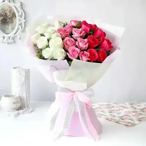 Romantic flowers bouquet with pastel roses and green leaves in Dubai and UAE