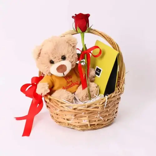 Romantic Gift Basket with Patchi Chocolates and Teddy Bear in Dubai, UAE