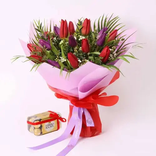 Scarlet Beauty Tulip Bouquet with Ferrero Rocher