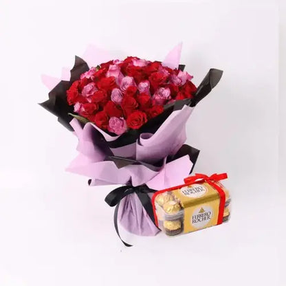 Ferrero Rocher and Rose Bouquet Wrapped in Black and Purple