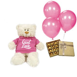 Good luck gift basket with teddy bear, chocolates & balloons (Blue or Pink) (UAE).