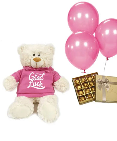 Good luck gift basket with teddy bear, chocolates & balloons (Blue or Pink) (UAE).