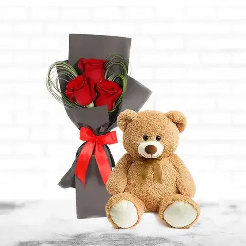 Send red roses with teddy bear beautifully wrapped in Dubai by Giftshop.ae