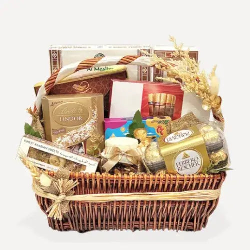 Splendid Arabia gift basket with chocolates, dates, and Arabic sweets