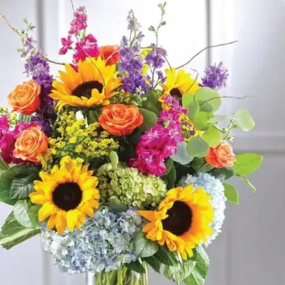 Vibrant Sunflowers and Roses Spring Arrangement