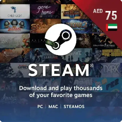 a Steam gift card with the denomination of 75 AED displayed prominently, with a mobile phone showing a popular mobile game in the background