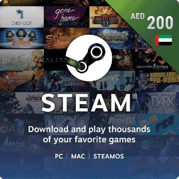 a Steam gift card with the denomination of 200 AED displayed prominently, with a controller and a gaming headset in the background