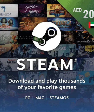 a Steam gift card with the denomination of 200 AED displayed prominently, with a controller and a gaming headset in the background