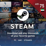  a Steam gift card with the denomination of 75 AED displayed prominently, with a mobile phone showing a popular mobile game in the background