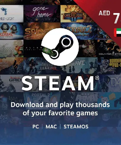 a Steam gift card with the denomination of 75 AED displayed prominently, with a mobile phone showing a popular mobile game in the background