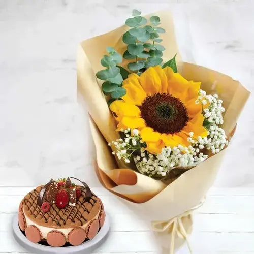 Sunflower bouquet with triple chocolate cake for UAE delivery