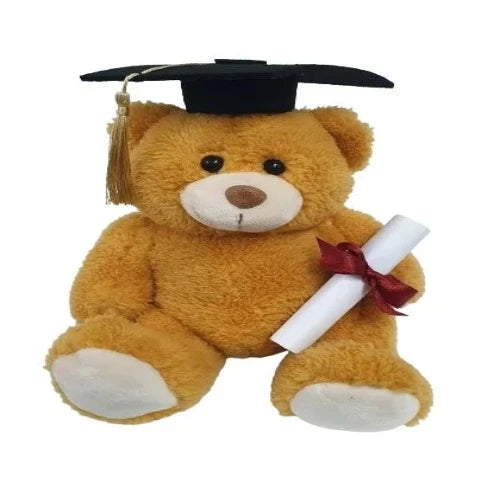 Cuddly golden brown graduation teddy bear (15cm) wearing a graduation cap and holding a diploma. Perfect graduation gift in Dubai, UAE.