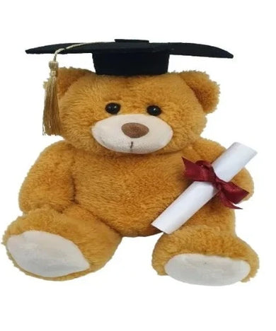 Cuddly golden brown graduation teddy bear (15cm) wearing a graduation cap and holding a diploma. Perfect graduation gift in Dubai, UAE.