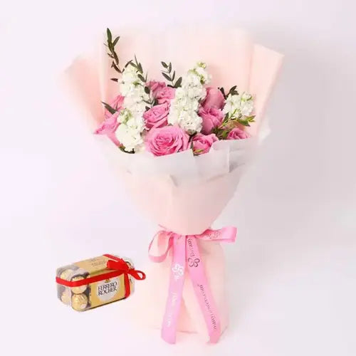 Tender Charm Roses and Stocks Bouquet with Ferrero Rocher chocolates for online flower and chocolate delivery Dubai