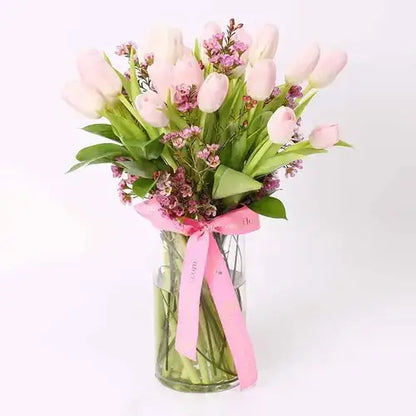 Flower Arrangement with Pink Tulips and Patchi Chocolates Gift