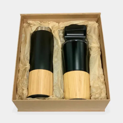 Tumbler Gift Set Dubai UAE - Black Stainless Steel Tumbler & Flask with Bamboo