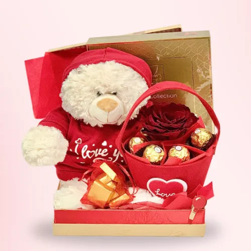 Valentine Sweet Hugs gift box with chocolates, teddy, and rose - Valentine's Day gift ideas Dubai