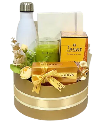 Self-care gift box with chocolates, tea, water bottle, and more (giftshop.ae)