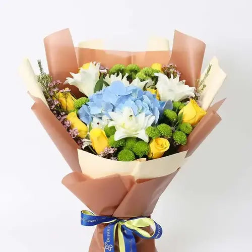 Wishes  Flower bouquet with blue hydrangea, white lily, yellow rose