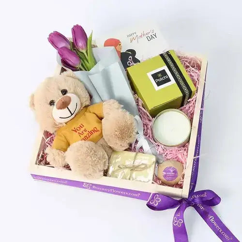 Mother's Day Gift Hamper Dubai - Purple Tulips, Teddy Bear, Bath Soap